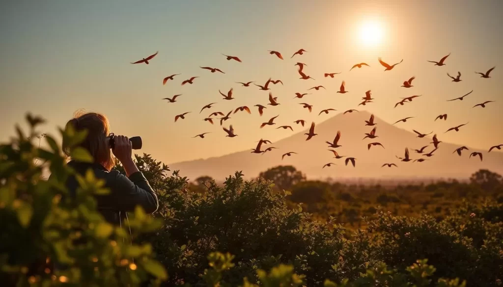 A serene early morning in the Amboseli National Park, Kenya. A birdwatcher stands silently, binoculars in hand, observing a vibrant flock of birds taking flight against a stunning backdrop of the majestic Mount Kilimanjaro. The warm golden hues of the rising sun cast a soft glow, illuminating the diverse array of feathered creatures as they soar gracefully through the clear blue sky. The lush green foliage in the foreground provides a natural and tranquil setting, inviting the viewer to immerse themselves in the beauty of this wildlife haven. Capture the essence of an unforgettable birdwatching experience in Amboseli, a magical moment to be cherished.