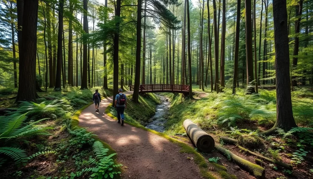 A serene forest trail winds through the ancient Bialowieza Forest, sunlight filtering through the lush canopy of towering deciduous trees. Meandering hikers explore the enchanting mix of lush ferns, wildflowers, and mossy logs along the well-marked path. In the middle distance, a picturesque wooden bridge spans a gentle creek, inviting further exploration of this unspoiled natural wonder. Capture the tranquil atmosphere of this primeval woodland with a wide-angle lens, highlighting the harmony between human exploration and the untamed beauty of this UNESCO World Heritage site.