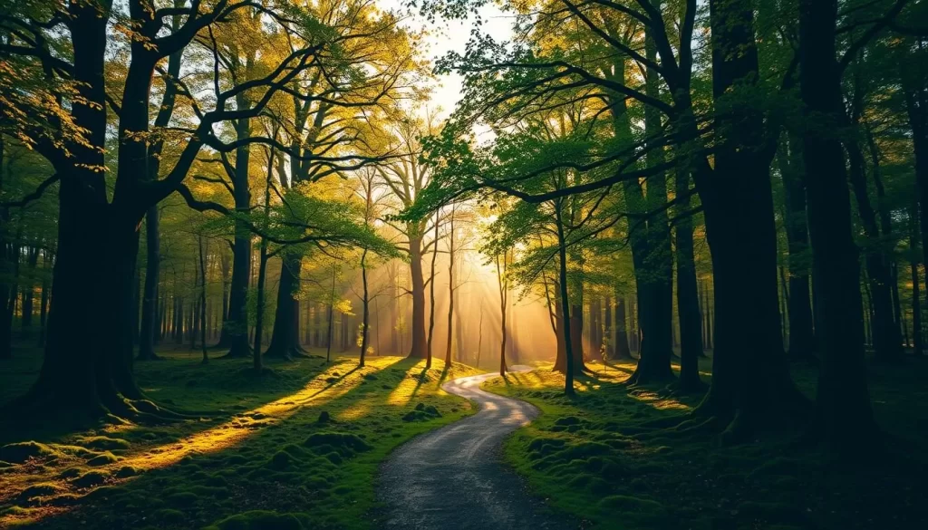 A serene, golden-hued panorama of Białowieża Forest unfolds before the lens. Towering ancient trees, their canopies ablaze with autumn foliage, frame the scene. Dappled sunlight filters through the verdant foliage, casting a warm, ethereal glow across the lush, moss-carpeted forest floor. In the middle ground, a winding path meanders invitingly, beckoning the viewer to explore this enchanting, timeless wilderness. The overall composition captures the majesty and tranquility of this UNESCO World Heritage site, showcasing its unparalleled photographic potential.