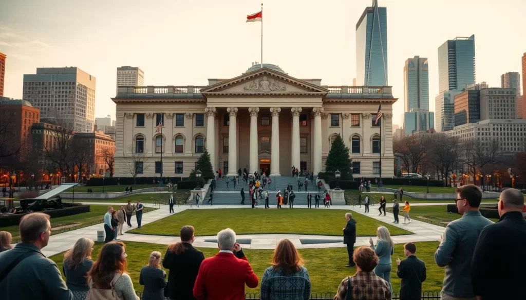 A serene government building stands amidst a bustling city, its neoclassical facade bathed in warm, golden light. In the foreground, a group of people gather, engaged in lively discussion, their gestures and expressions conveying the importance of the matter at hand - language legislation. The middle ground features a well-maintained lawn and walkways, leading the eye towards the building's impressive entryway. In the background, skyscrapers and modern architecture hint at the city's progress and diversity. The overall scene exudes a sense of thoughtful deliberation and civic engagement, reflecting the significance of the official language status being debated within.