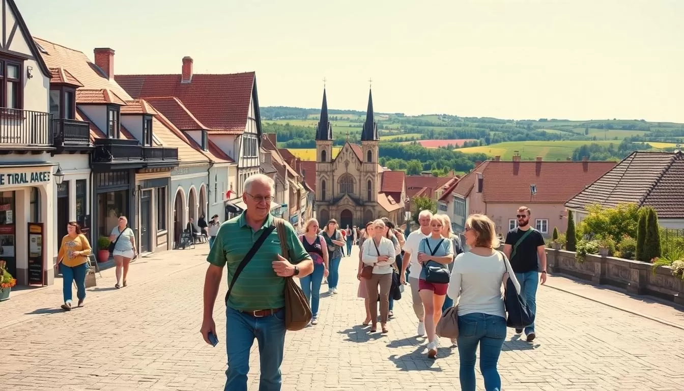 A serene guided tour through the historic city of Oświęcim, Poland, on a bright, sunny day. The frame captures the striking architecture of the Old Town, with its charming cobblestone streets, quaint cafes, and vibrant storefronts. In the foreground, a group of visitors follows a knowledgeable tour guide, eager to learn about the region's rich cultural heritage. The mid-ground features the iconic Church of St. Małgorzata, its spires reaching towards the cloudless sky. In the background, the rolling hills and lush greenery of the surrounding countryside create a peaceful, picturesque backdrop. The overall scene conveys a sense of serene exploration, inviting the viewer to discover the best of what Oświęcim has to offer.