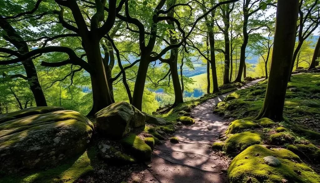 A serene hiking trail winds through the lush, verdant forests of Bouillon, Belgium. The path leads past towering oak and beech trees, their branches casting dappled sunlight on the earth below. Moss-covered boulders and trickling streams add a touch of natural enchantment to the scene. In the distance, the trail rises gently, offering glimpses of rolling hills and the distant, hazy silhouettes of the Ardennes mountains. The air is crisp and clean, inviting hikers to take a deep breath and immerse themselves in the tranquil beauty of the landscape. Capture the essence of this scenic hiking adventure in Bouillon, Belgium.