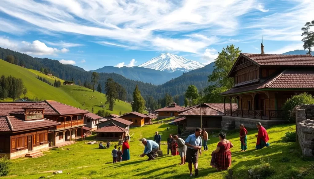 A serene hillside village in Arunachal Pradesh, India. Vibrant traditional houses with ornate wooden carvings and tiled roofs dotting the lush green slopes. Elderly locals engaged in lively discussions, passing on their native dialects to younger generations. Children playing traditional games, their laughter echoing through the crisp mountain air. In the distance, a picturesque snow-capped peak serves as a majestic backdrop. Warm sunlight filters through wispy clouds, casting a gentle glow over the scene. A sense of cultural preservation and community pride permeates the peaceful tableau.