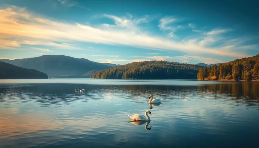 A serene island landscape with a tranquil swan-filled lake at the center. Lush evergreen forests line the gently sloping shores, their verdant hues complemented by the azure sky above. Soft, diffused sunlight filters through wispy clouds, casting a warm, golden glow over the scene. In the foreground, a graceful swan glides across the mirror-like surface of the water, its elegant movements reflected in the still depths. The overall atmosphere is one of peaceful natural beauty, inviting the viewer to lose themselves in the tranquility of this idyllic island setting.