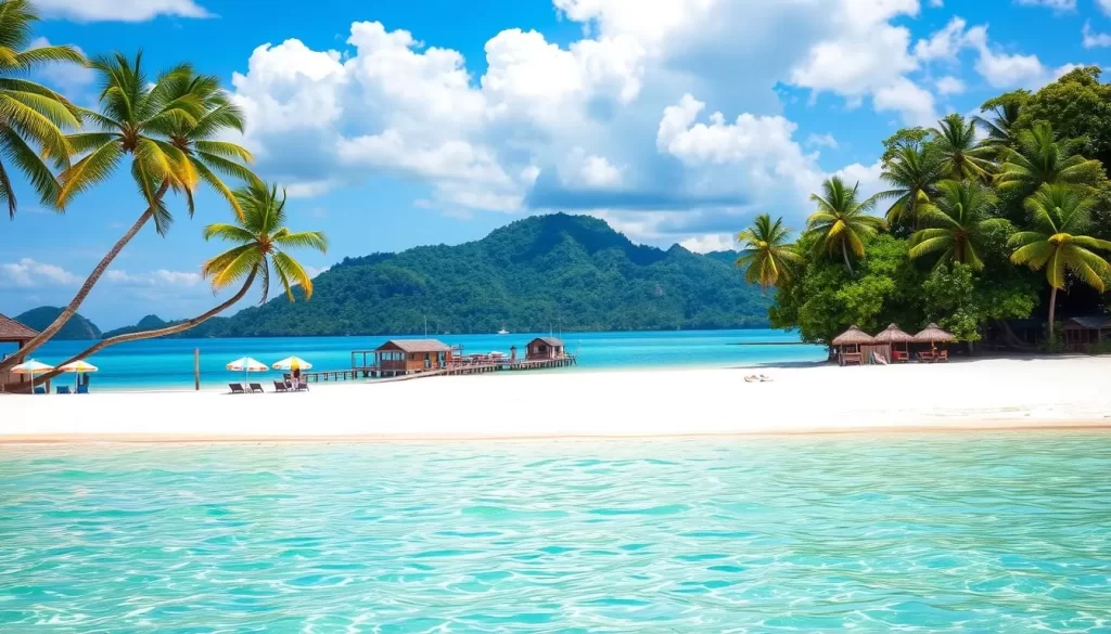 A serene island paradise in the azure waters of the South China Sea, with palm-fringed beaches and lush tropical foliage. In the foreground, a pristine white-sand beach stretches out, dotted with vibrant umbrellas and sun loungers. Gently lapping waves caress the shore, their soothing sounds mingling with the gentle breeze. In the middle ground, a cluster of traditional wooden stilt houses and boat docks overlook the tranquil turquoise lagoon. Coconut palms sway overhead, casting dappled shadows on the scene. In the distance, a line of verdant, densely forested islands rise up, their peaks shrouded in fluffy white clouds. The scene is bathed in warm, golden sunlight, creating a welcoming, idyllic atmosphere that captures the essence of the best time to visit Terengganu Islands.