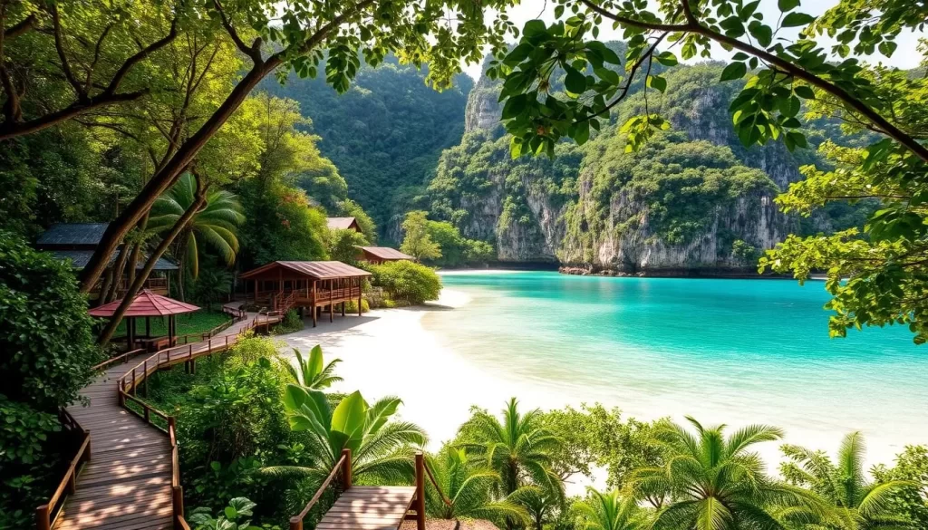 A serene island paradise with crystal-clear turquoise waters lapping against white sandy beaches. Lush tropical foliage frames the picturesque Dayang Bunting Island facilities, where visitors can explore the natural wonders. Wooden boardwalks wind through the verdant landscape, leading to a tranquil lake enclosed by towering limestone cliffs. Sunlight filters softly through the canopy, casting a warm glow over the well-maintained amenities, including shaded pavilions, picnic areas, and carefully tended walking trails. The overall scene exudes a sense of harmony and relaxation, inviting travelers to immerse themselves in the beauty of this Malaysian island paradise.