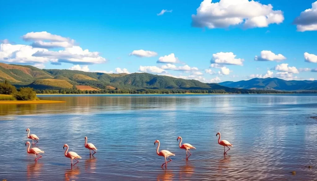 A serene lakeside landscape at Lake Nakuru, Kenya, with rolling hills and lush, verdant foliage in the background. In the foreground, the calm waters of the lake reflect the azure sky, dotted with fluffy white clouds. Vibrant pink flamingos wade gracefully through the shallows, creating a stunning visual contrast. The warm, golden sunlight casts a soft, ethereal glow over the entire scene, highlighting the natural beauty of this remarkable wildlife haven. Capture the tranquility and majesty of this picturesque African destination.