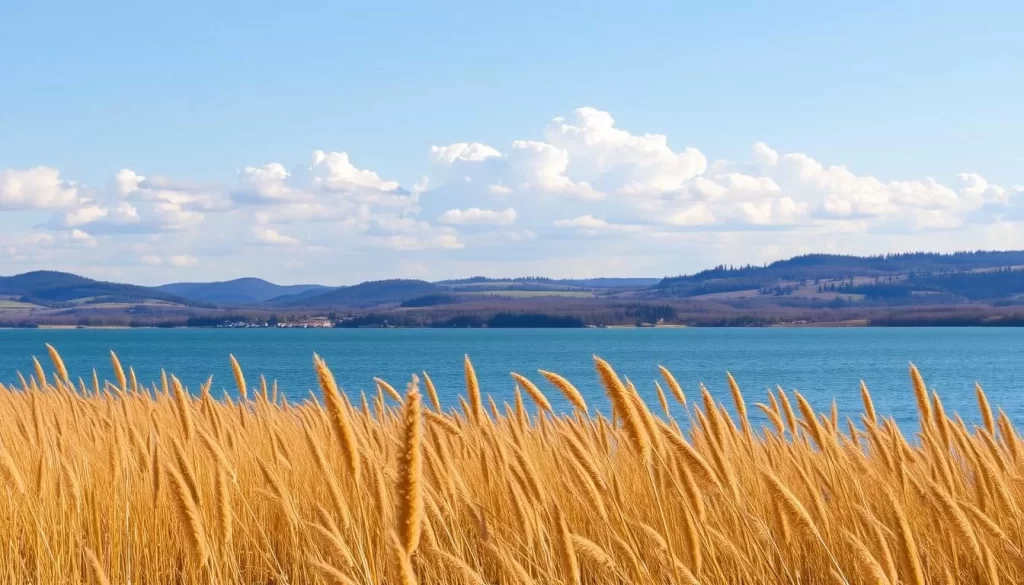 A serene lakeside landscape at Seewinkel National Park, Austria. In the foreground, a vast expanse of reeds gently sway in the breeze, their golden hues glowing under the warm, natural lighting. Beyond, the tranquil waters of Lake Neusiedl stretch out, reflecting the clear blue sky and fluffy white clouds above. In the distance, rolling hills dotted with trees form the scenic backdrop, creating a peaceful and picturesque scene. The overall mood is one of tranquility and natural beauty, perfectly capturing the unique charm of the Seewinkel region.