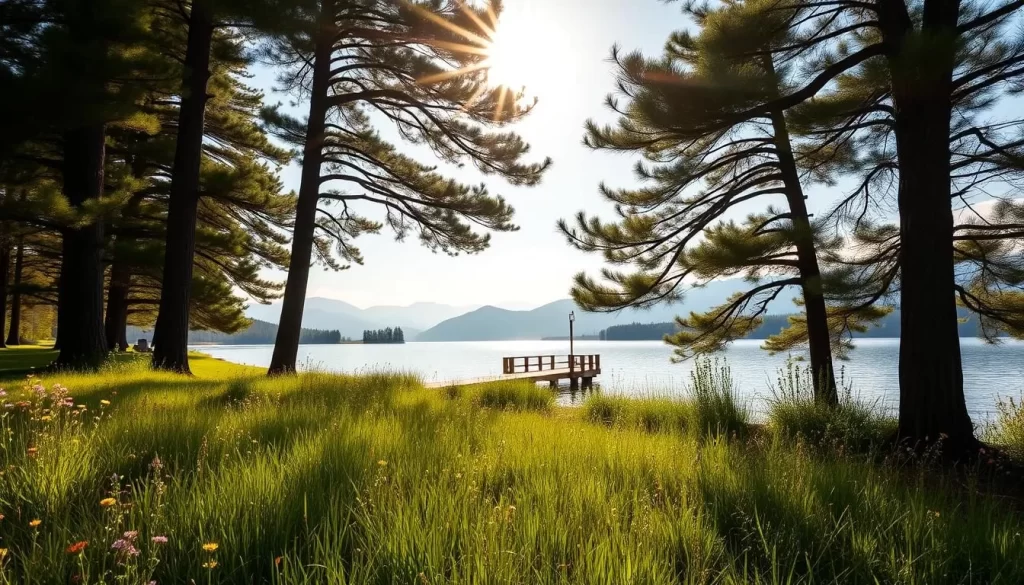 A serene lakeside landscape under the golden glow of a summer sun. In the foreground, lush green grass and vibrant wildflowers sway gently in a warm breeze. Towering pine trees line the shore, their verdant canopies casting dappled shadows across the tranquil waters. In the middle ground, a picturesque wooden dock extends into the lake, inviting visitors to dip their toes in the cool, refreshing surface. The background features rolling hills and distant mountains bathed in a soft haze, creating a sense of depth and harmony. Lighting is natural and diffused, with a warm, nostalgic tone that evokes the essence of a perfect summer day in Minnesota.