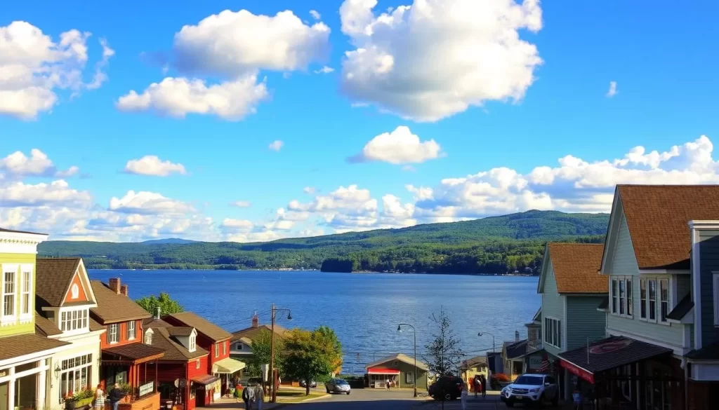 A serene lakeside scene along the shores of Lake Champlain, Vermont. In the foreground, a picturesque small town with charming historic buildings and quaint shops. People stroll along the lively main street, enjoying the vibrant local culture. In the middle ground, the vast expanse of the tranquil lake, its calm waters reflecting the blue sky and fluffy white clouds above. In the distance, the rolling green hills and forests characteristic of the region. The warm, golden sunlight bathes the entire scene, creating a welcoming and inviting atmosphere. Capture the essence of Lake Champlain's cultural attractions and entertainment.