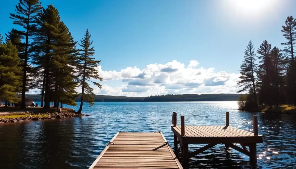 A serene lakeside scene in the heart of the Northwoods, Lake Minocqua shimmers under a clear blue sky. Tall pines line the shoreline, their verdant boughs framing the tranquil waters. In the foreground, a classic wooden boat dock extends invitingly into the lake, beckoning visitors to dip their toes and take in the picturesque landscape. Elegant white clouds drift overhead, casting gentle shadows over the scene. The warm, golden light of the sun bathes the entire vista, creating a sense of peaceful, natural splendor. This is the quintessential Northwoods paradise, a serene escape from the ordinary.
