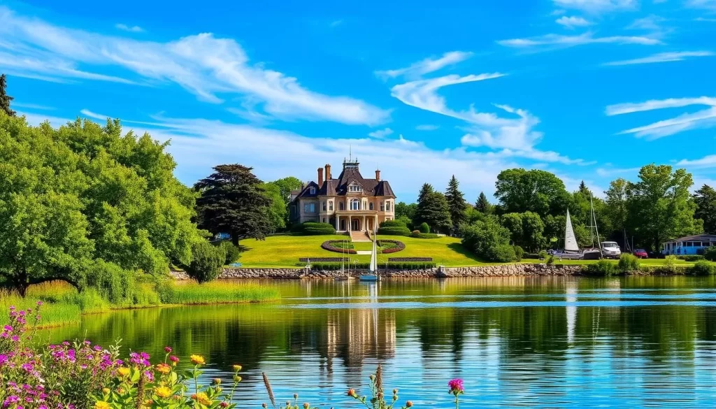 A serene lakeside scene of Lake Geneva, Wisconsin, captured on a picturesque summer day. In the foreground, lush green trees and vibrant wildflowers line the gently sloping shoreline, their reflections mirrored in the calm, azure waters. In the middle ground, a historic Victorian-style mansion stands proudly, its grand architecture and manicured gardens exuding an air of refined elegance. Framing the scene, the distant shoreline is dotted with sailboats and yachts, their white sails billowing in the soft breeze. The sky above is a stunning azure blue, with wispy clouds casting soft, diffused lighting across the tranquil landscape, creating a scene of timeless charm and natural beauty.