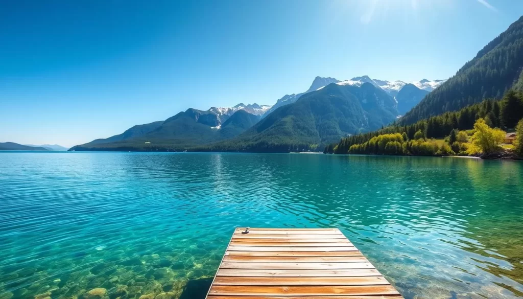 A serene lakeside scene, with crystal-clear turquoise waters of Lake Faak gently lapping against the shore. The sun's rays glisten off the calm surface, casting a warm glow over the lush, verdant surroundings. Towering, snow-capped mountains rise in the distance, creating a picturesque backdrop. Verdant forest banks line the shore, their vibrant foliage reflecting in the still waters. A wooden dock extends into the lake, inviting visitors to dip their toes in the refreshing waters. The overall atmosphere is one of tranquility and natural beauty, perfect for water enthusiasts seeking a peaceful respite in the heart of Austria's stunning landscapes.