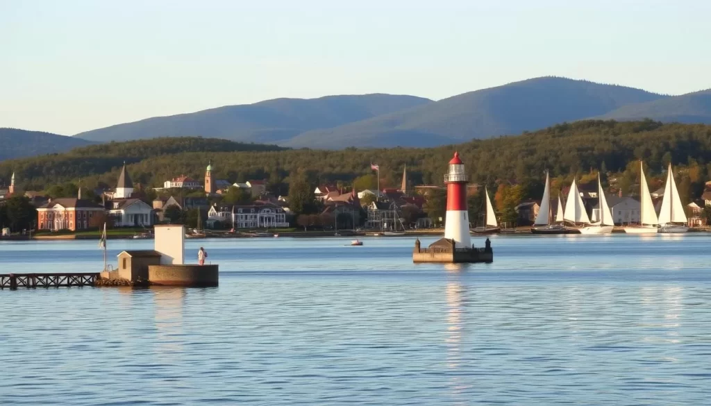 A serene lakeside setting along the shores of historic Lake Champlain, Vermont. A quaint 19th-century town nestled in the rolling hills, its steepled churches and Victorian architecture reflected in the calm waters. In the foreground, a well-preserved historic site such as a lighthouse or fort, bathed in warm afternoon sunlight. Sail boats dotting the horizon, with the majestic Green Mountains rising in the distance. The atmosphere is one of tranquility and timeless charm, evoking the region's rich maritime and colonial heritage.