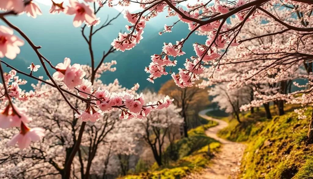 A serene landscape at Alishan, Taiwan, where delicate cherry blossoms dance in the gentle breeze. Capture the tranquil scene with a wide-angle lens, revealing the lush, verdant mountains in the background and the winding paths leading through the idyllic forest. Illuminate the scene with warm, golden sunlight filtering through the canopy, casting a soft, romantic glow on the vibrant pink petals as they sway gracefully. Convey a sense of peaceful contemplation and natural harmony, inviting the viewer to immerse themselves in the beauty of this enchanting Taiwanese destination.
