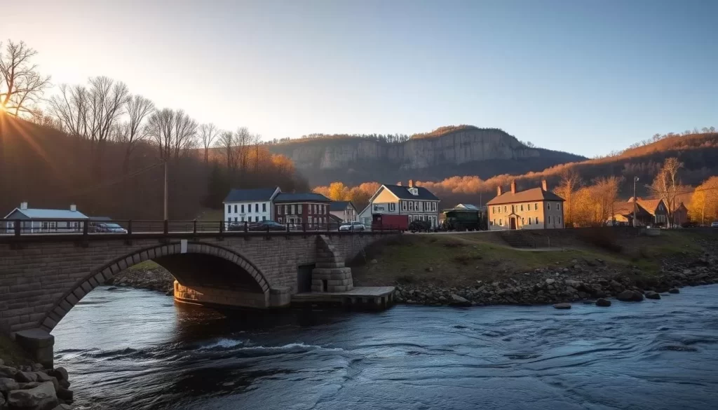 A serene landscape at the Delaware Water Gap, New Jersey, capturing the region's rich history. In the foreground, a rustic stone bridge spans a gently flowing river, echoing the area's early transportation routes. The middle ground features a quaint historic village, with clapboard buildings and horse-drawn carriages evoking a bygone era. In the distance, the iconic Delaware Water Gap rises majestically, its towering cliffs and lush forests bearing witness to centuries of human settlement and exploration. Warm, golden sunlight filters through the scene, creating a nostalgic, timeless atmosphere that invites the viewer to immerse themselves in the storied past of this picturesque corner of the Northeast.