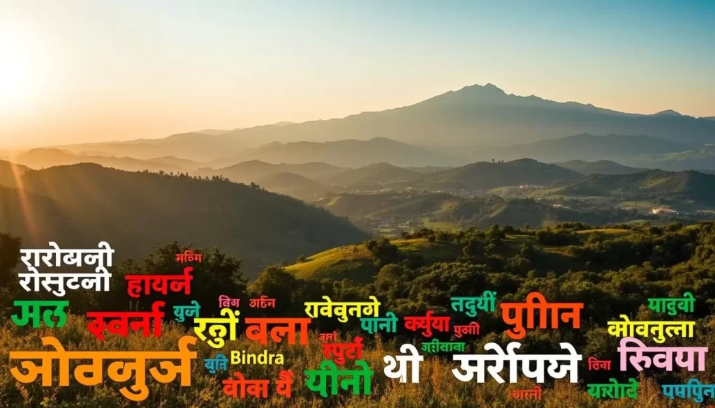 A serene landscape filled with vibrant, culturally significant languages of Maharashtra. In the foreground, a diverse array of script styles and alphabets representing the region's linguistic diversity, including Marathi, Konkani, Gujarati, and Hindi. In the middle ground, rolling hills and lush greenery, with the sun casting a warm, golden glow across the scene. In the background, a majestic mountain range, suggesting the rich cultural heritage and natural beauty of the state. The overall composition evokes a sense of harmony and celebration of the linguistic tapestry of Maharashtra.