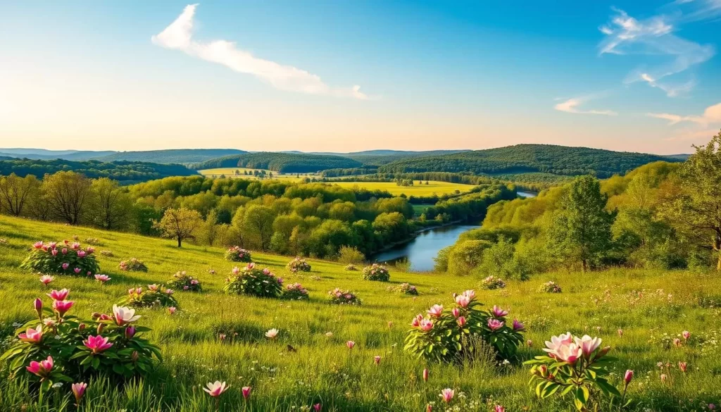 A serene landscape in Alabama during the spring season. In the foreground, a lush green meadow dotted with vibrant wildflowers, including azaleas, dogwoods, and magnolias. In the middle ground, a gently flowing creek meanders through the scene, its banks lined with verdant foliage. In the background, rolling hills covered in a patchwork of forests and farmland, bathed in the warm, golden light of the spring sun. The sky above is a clear, azure blue, with a few wispy, cottony clouds drifting lazily. The overall mood is one of tranquility, renewal, and the beauty of the natural world awakening from winter's slumber.