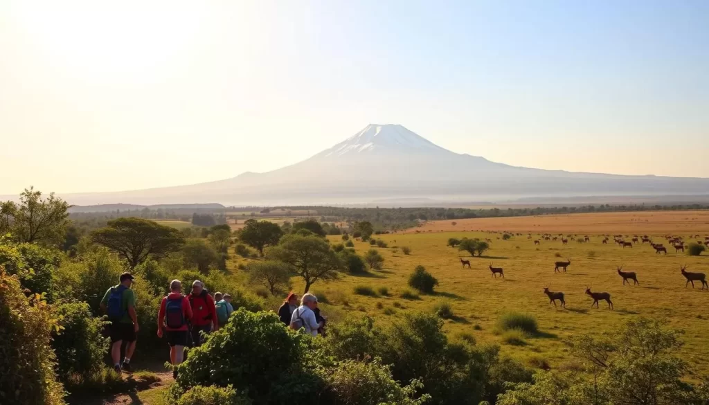 A serene landscape in Arusha National Park, Tanzania, under a warm, golden afternoon sun. In the foreground, a group of hikers explore a winding trail, their vibrant outdoor gear contrasting with the lush, verdant foliage surrounding them. In the middle ground, a majestic Mount Meru rises, its snow-capped peak piercing the clear blue sky. In the distance, a herd of grazing gazelles dot the open grasslands, their slender forms silhouetted against the horizon. The scene exudes a sense of tranquility and adventure, capturing the essence of this East African wilderness.