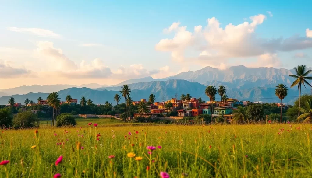 A serene landscape in Gujarat, India, during the summer months. In the foreground, a lush, verdant meadow dotted with vibrant wildflowers sways gently in the warm breeze. The middle ground features a picturesque village, its colorful adobe houses and tiled roofs nestled among towering palm trees. In the background, majestic mountains rise up, their peaks partially obscured by wispy, golden-hued clouds. The warm, diffused sunlight bathes the entire scene in a soft, inviting glow, creating a peaceful, tranquil atmosphere. The overall mood is one of relaxation and the simple pleasures of a summer day in this enchanting region of India.