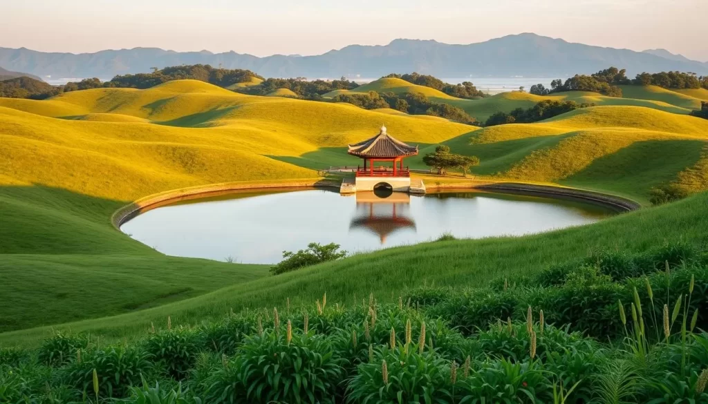 A serene landscape in Gyeonggi Province, South Korea, with rolling hills and lush greenery in the foreground. In the middle ground, a traditional Korean pavilion stands amidst a tranquil pond, its reflection rippling in the water. The background features a distant mountain range, bathed in soft, warm light. The scene is captured with a wide-angle lens, creating a sense of depth and grandeur. The overall mood is one of tranquility and natural beauty, inviting the viewer to explore the hidden wonders of Gyeonggi Province.