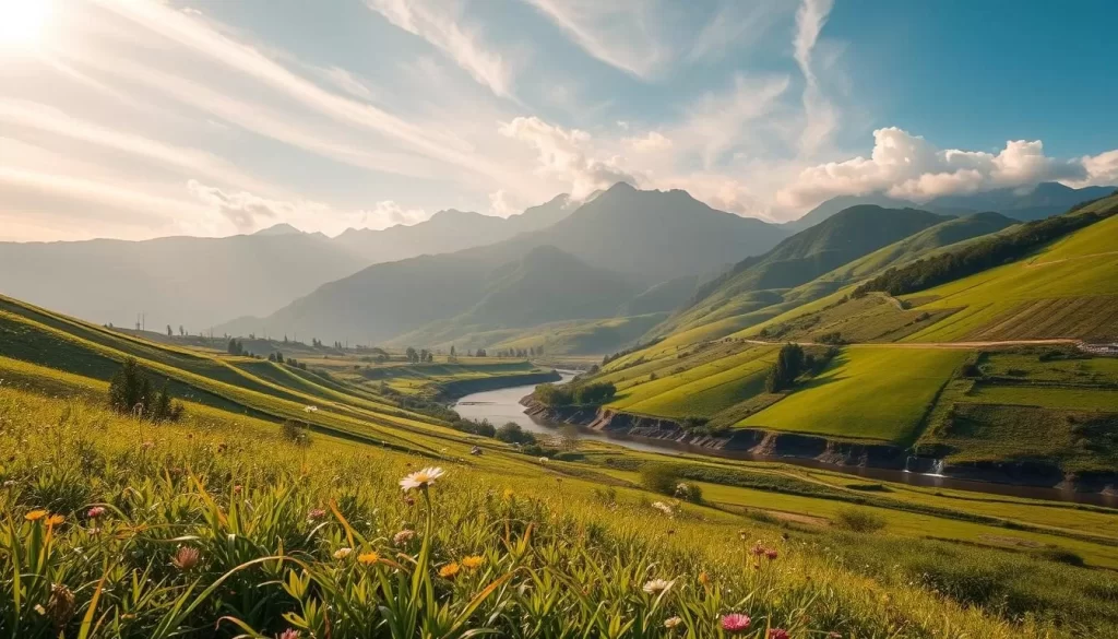 A serene landscape in Hsinchu County, Taiwan, showcasing the region's diverse microclimates. In the foreground, lush green fields dotted with wildflowers sway gently in a soft breeze. Towering mountains rise in the background, their peaks capped with a dusting of snow. Sunlight filters through wispy clouds, casting a warm, golden glow over the scene. In the middle ground, a winding river meanders through the undulating terrain, its banks lined with thriving vegetation. The overall atmosphere is one of tranquility and natural harmony, capturing the essence of Hsinchu's unique and varied weather patterns.