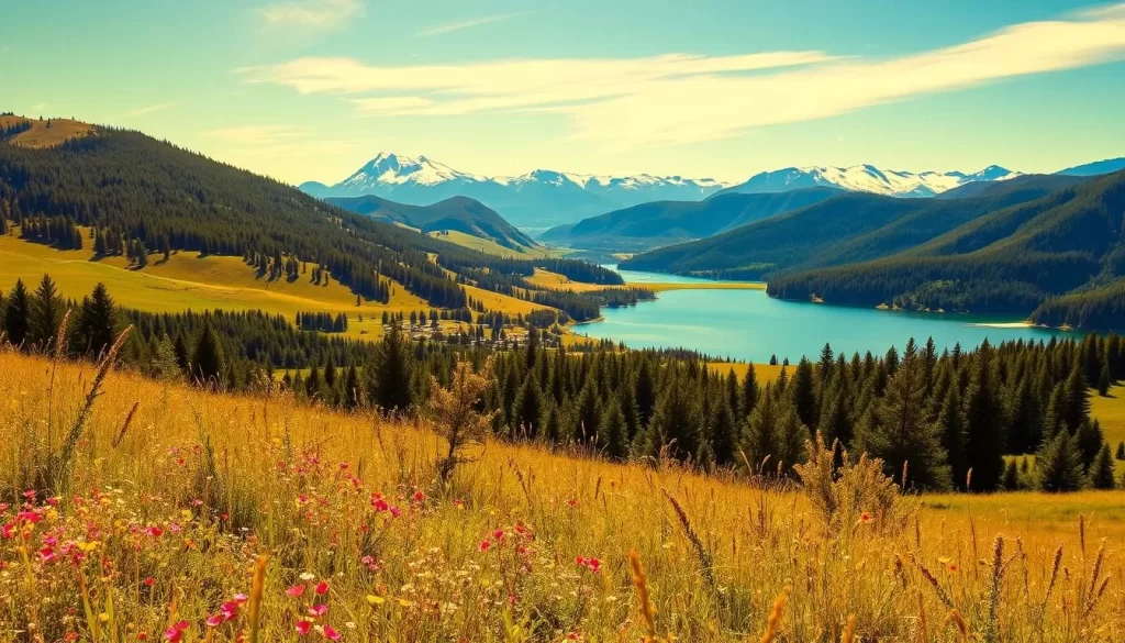 A serene landscape in Idaho, bathed in warm, golden sunlight. In the foreground, a lush meadow dotted with vibrant wildflowers sways gently in a soft breeze. In the middle distance, rolling hills are adorned with verdant forests, their canopies casting dappled shadows. Farther back, majestic mountains rise, their snow-capped peaks reflecting the sky's brilliant azure hue. A crystalline lake lies nestled between the hills, its placid surface mirroring the surrounding natural beauty. The scene exudes a sense of tranquility and timeless charm, capturing the essence of Idaho's seasonal splendor.