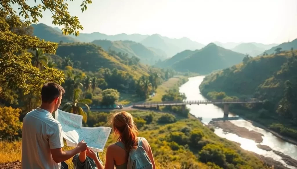 A serene landscape in Kanchanaburi, Thailand, where a winding river meanders through lush, verdant hills. In the foreground, a group of travelers pore over a map, planning their itinerary amidst the tranquil setting. Warm, golden sunlight filters through the trees, casting a soft glow on the scene. In the middle ground, a wooden bridge crosses the river, inviting exploration. The background features rolling hills dotted with tropical foliage, creating a picturesque backdrop for the itinerary planning session. The overall atmosphere is one of peaceful contemplation and adventure, perfectly capturing the essence of planning a Kanchanaburi getaway.