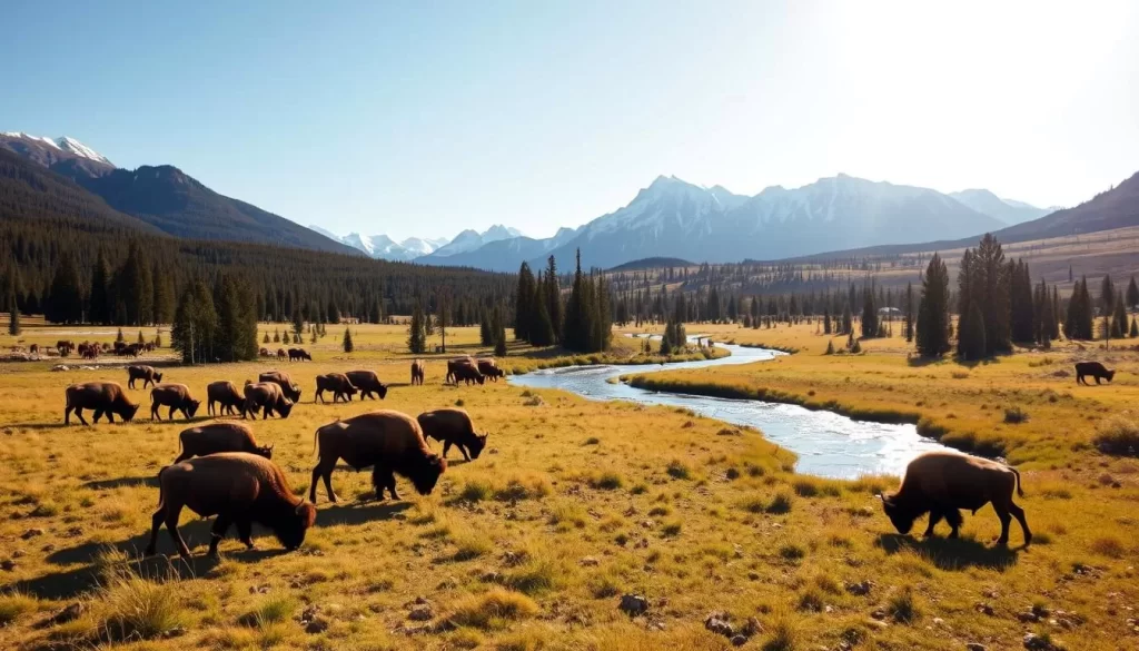 A serene landscape in Lamar Valley, Yellowstone National Park, showcasing the breathtaking natural beauty of the region. In the foreground, a herd of bison grazes peacefully, their brown coats shimmering in the warm, golden sunlight. In the middle ground, a crystal-clear stream winds its way through the lush, verdant meadows, its gentle flow creating a soothing, tranquil ambiance. In the background, majestic mountains rise up, their snow-capped peaks reaching towards the bright, azure sky. The scene is captured through a wide-angle lens, allowing the viewer to fully immerse themselves in the grandeur of the natural surroundings. The overall mood is one of awe, reverence, and a deep appreciation for the incredible wildlife and landscapes that Yellowstone has to offer.