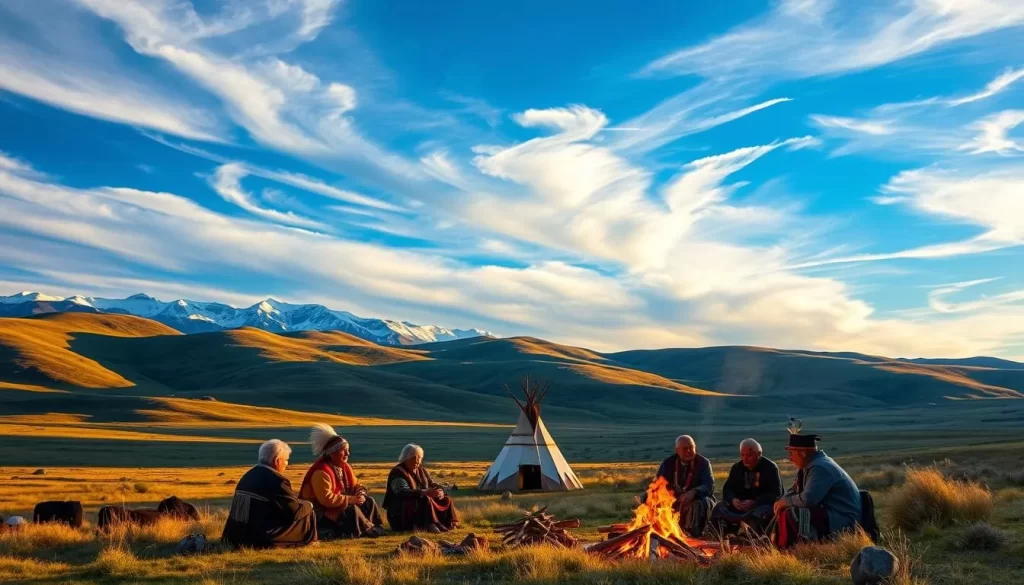 A serene landscape in Montana, with rolling hills and snow-capped peaks in the distance. In the foreground, a group of Native American elders sit around a campfire, engaged in a lively discussion, their traditional regalia and beadwork visible. In the middle ground, a cluster of tipis stands, their colorful fabrics swaying gently in the breeze. The sky is a brilliant blue, with wispy clouds drifting overhead, bathing the scene in a warm, golden light. The mood is one of cultural preservation and intergenerational knowledge sharing, capturing the vibrant spirit of Montana's diverse Native American language traditions.