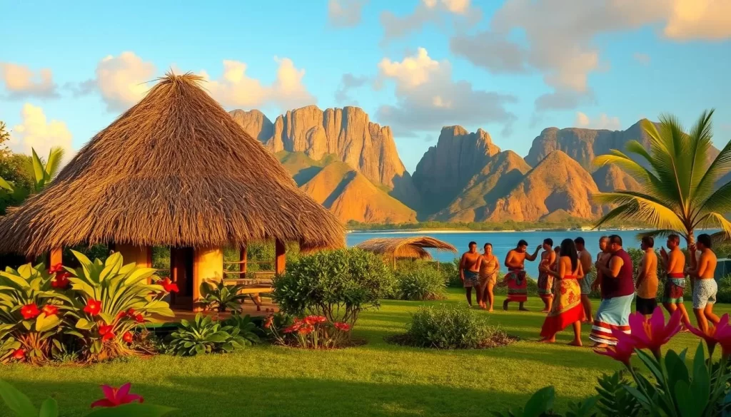 A serene landscape in Nauru, showcasing its rich cultural heritage. In the foreground, a traditional thatched-roof hut stands amidst a lush, verdant garden, with vibrant tropical flowers and plants surrounding it. The middle ground features a group of locals in vibrant, colorful attire engaged in a traditional dance or ceremony, their movements graceful and rhythmic. In the background, the iconic limestone cliffs of Nauru rise majestically, their rugged silhouettes bathed in warm, golden sunlight. The scene is imbued with a sense of tranquility and timelessness, capturing the essence of Nauru's unique cultural identity.