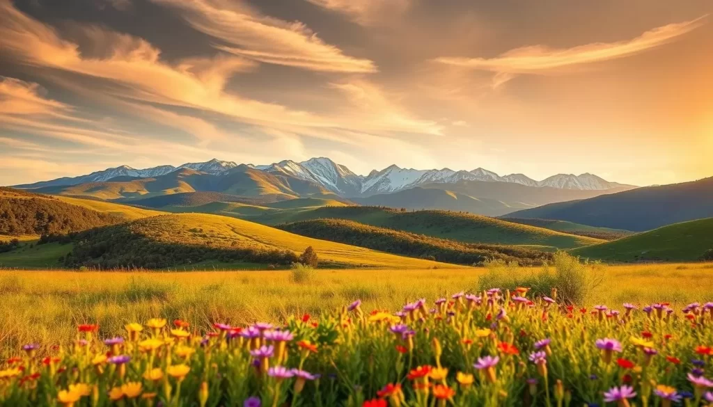 A serene landscape in New Mexico during the spring or fall season, showcasing the region's stunning natural beauty. The foreground features a vibrant wildflower meadow, with hues of purple, yellow, and red blossoms. In the middle ground, rolling hills covered in lush, green vegetation lead the eye towards the majestic Sangre de Cristo Mountains in the background, their peaks capped with a dusting of snow. Warm, golden sunlight filters through wispy clouds, casting a soft, tranquil glow over the entire scene. The composition invites the viewer to immerse themselves in the natural splendor of this captivating state, capturing the perfect time to plan a weather-savvy trip to New Mexico.