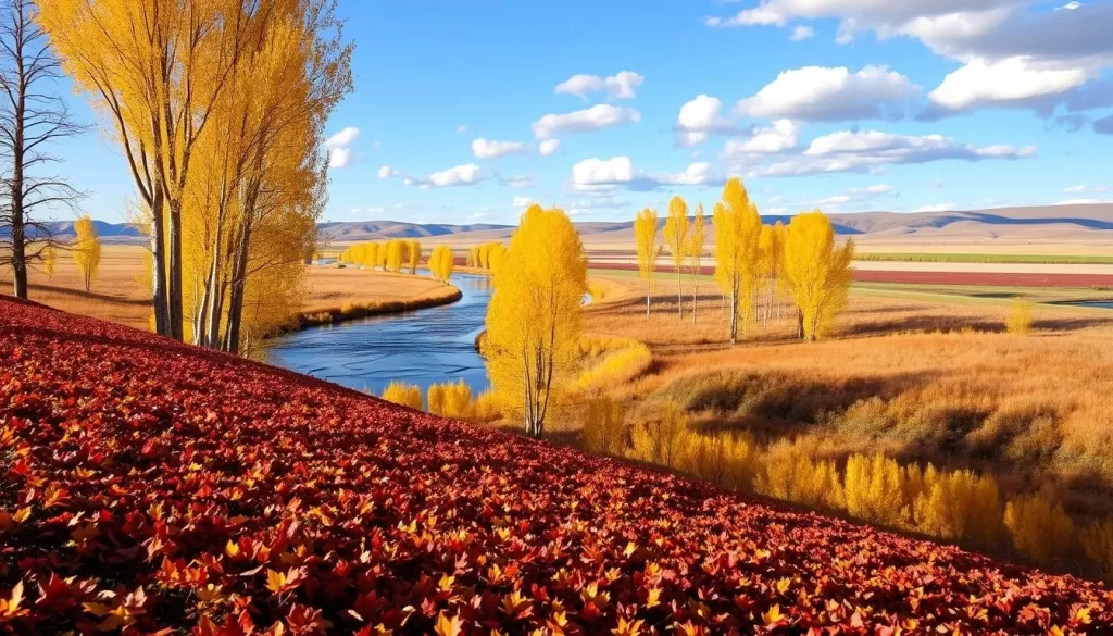 A serene landscape in North Dakota during the autumn season. In the foreground, a lush carpet of vibrant red, orange, and yellow leaves covers the ground, crunching underfoot. The middle ground features a winding river or stream, its waters glistening in the soft, warm sunlight. Along the riverbanks, stands of tall, slender birch trees sway gently, their brilliant yellow foliage contrasting beautifully with the surrounding colors. In the background, rolling hills and distant mountains fade into a clear, azure sky, dotted with fluffy white clouds. The scene exudes a sense of peaceful tranquility, perfectly capturing the transitional beauty of North Dakota's fall season.