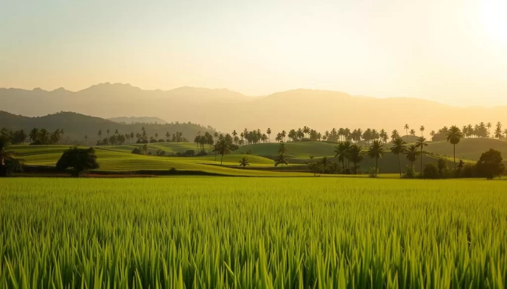A serene landscape in Perlis, Malaysia, showcasing the region's natural beauty. In the foreground, a lush, verdant rice paddy stretches out, its vibrant green hues reflecting the warm, golden sunlight. In the middle ground, rolling hills dotted with clusters of palm trees sway gently in the breeze. The background features a majestic mountain range, its peaks bathed in a soft, hazy glow. The scene is illuminated by a warm, natural light, casting long shadows and creating a sense of depth and atmosphere. The overall mood is one of tranquility and wonder, inviting the viewer to immerse themselves in the hidden gem that is the Perlis landscape.