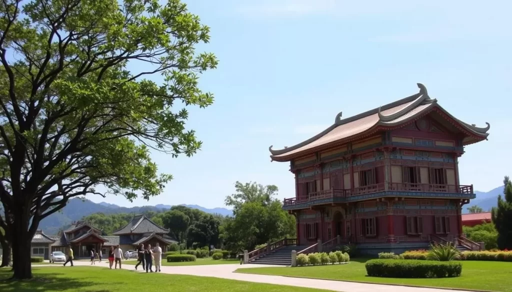 A serene landscape in Pingtung County, Taiwan, where the official language, Mandarin Chinese, and the widely spoken local dialect, Taiwanese Hokkien, coexist harmoniously. In the foreground, a tree-lined park with people strolling and conversing, captured in natural lighting. In the middle ground, a Taiwanese architecture-inspired building with vibrant colors and intricate details. In the background, rolling hills and a clear blue sky, conveying a sense of tranquility and cultural richness. The scene embodies the linguistic diversity and cultural heritage of this region.