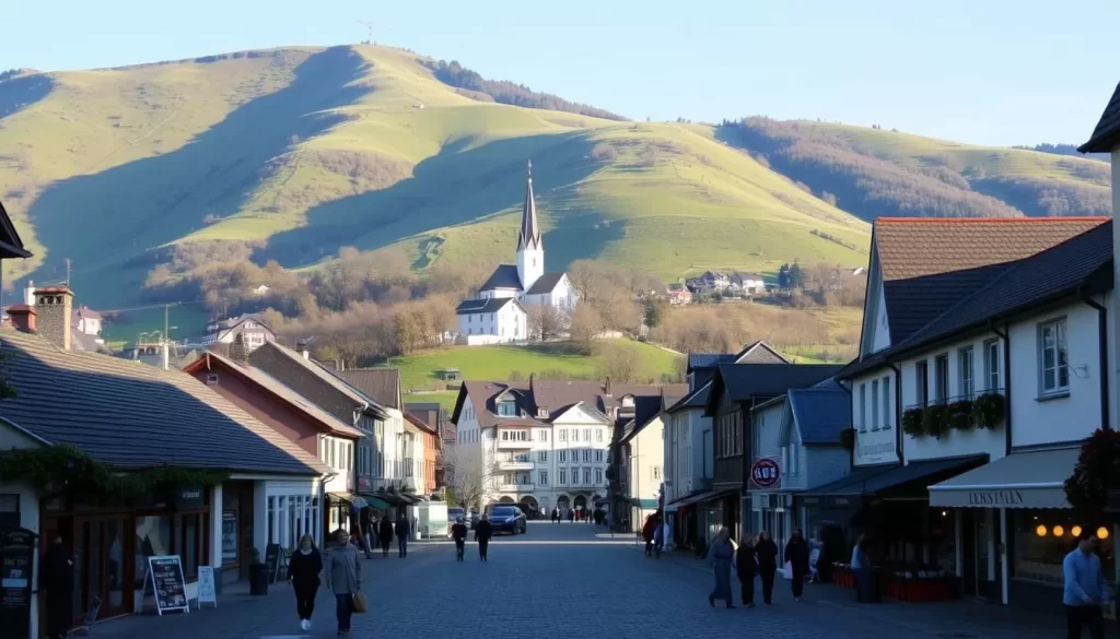 A serene landscape in Schaan, Liechtenstein, on a crisp, sunny day. Rolling green hills dotted with quaint buildings and a church steeple in the distance. In the foreground, cobblestone streets lined with charming cafes and boutiques, people strolling leisurely. Soft, diffused natural lighting illuminates the scene, casting warm shadows and highlighting the vibrant colors of the local architecture. The atmosphere is one of tranquility and timeless alpine charm, inviting visitors to explore and immerse themselves in the town's rich history and culture.