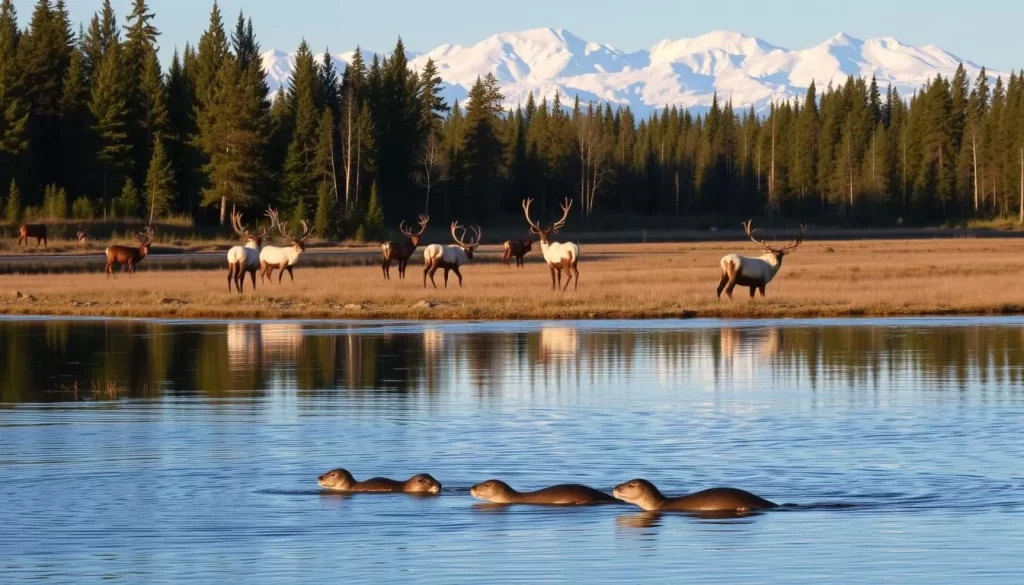 A serene landscape in Wasilla, Alaska, showcasing the region's abundance of wildlife. In the foreground, a pristine lake reflects the surrounding boreal forest, with a family of otters playfully swimming in the calm waters. The middle ground features a group of caribou grazing peacefully, their antlers casting long shadows as the warm, golden sunlight filters through the trees. In the background, a majestic snow-capped mountain range stands tall, creating a picturesque backdrop for this idyllic wildlife viewing scene. The overall scene conveys a sense of tranquility and natural harmony, inviting the viewer to immerse themselves in the beauty of Wasilla's wildlife and landscape.