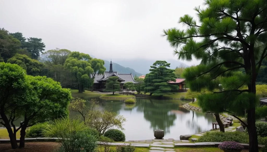 A serene landscape in Yamaguchi Prefecture, Japan, during a gentle rainfall. The foreground features a traditional Japanese garden with lush greenery, stone pathways, and a tranquil pond reflecting the overcast sky. In the middle ground, a pagoda-style roof peeks out from behind the trees, its distinct architecture adding to the cultural ambiance. The background unveils rolling hills and mountains shrouded in a soft, misty haze, creating a sense of depth and atmospheric depth-of-field. The lighting is diffused and natural, casting a warm, earthy tone across the scene. The overall mood is one of calm and serenity, inviting the viewer to experience the beauty of Yamaguchi's four distinct seasons.