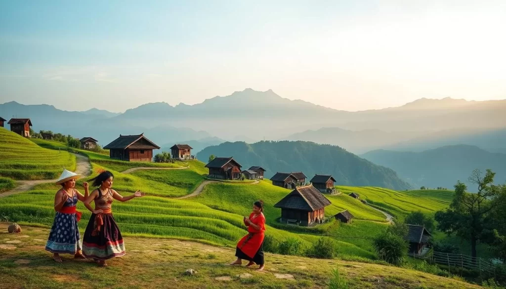 A serene landscape in Yunli County, Taiwan, showcasing the rich cultural heritage of its Indigenous Formosan languages. In the foreground, a group of indigenous people engage in a traditional dance, their vibrant costumes and intricate body movements capturing the essence of their linguistic diversity. In the middle ground, traditional thatched-roof houses dot the lush, rolling hills, their architectural styles reflecting the unique dialects of the region. The background features a majestic mountain range, its peaks bathed in soft, warm lighting that imbues the scene with a sense of tranquility and timelessness. The overall atmosphere evokes a profound respect for the enduring legacy of these ancient Formosan tongues.