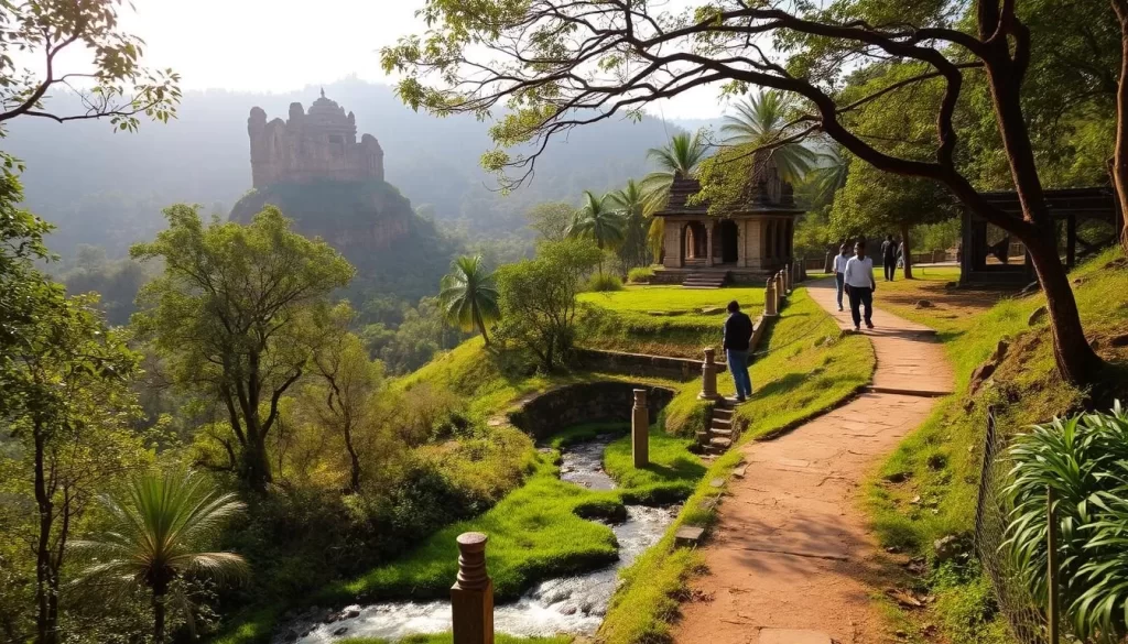A serene landscape in the heart of Telangana's rolling hills, where a winding path leads through lush foliage and past a tranquil stream. The sun filters through the canopy, casting a warm glow on the ancient rock formations and weathered temple ruins that dot the scene. Travelers pause to admire the stunning vistas, discovering hidden gems off the beaten path - a serene oasis away from the bustling cities, inviting exploration and contemplation.