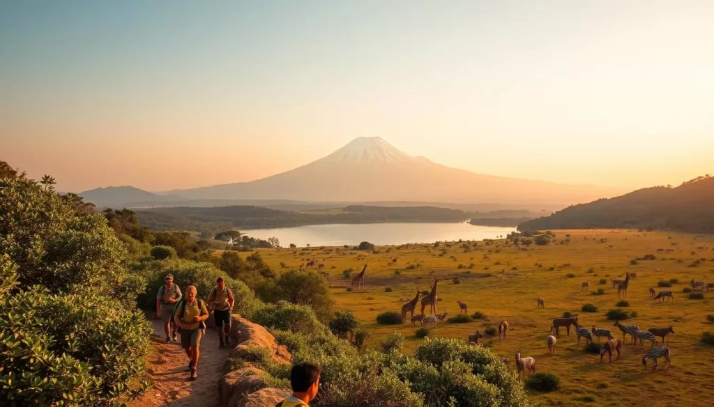 A serene landscape of Arusha National Park, Tanzania, under a warm, golden-hued sky. In the foreground, a group of hikers traversing a winding trail, their faces filled with wonder as they take in the lush, verdant foliage surrounding them. In the middle ground, a crystal-clear lake reflects the towering Mount Meru, its snow-capped peak reaching towards the heavens. Scattered across the scene, diverse wildlife such as giraffes, zebras, and gazelles graze peacefully, creating a harmonious balance between human activity and the natural world. The overall atmosphere conveys a sense of tranquility and adventure, inviting the viewer to imagine themselves immersed in the beauty and wonder of this East African gem.