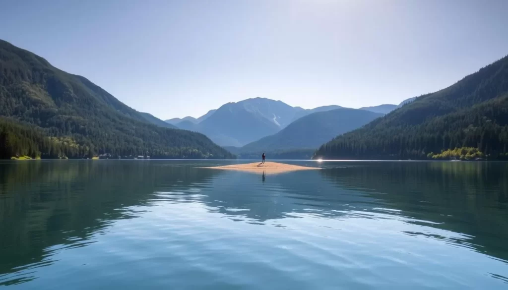 A serene landscape of Echo Lake set against the majestic Franconia Notch State Park in New Hampshire. The crystal-clear waters reflect the surrounding mountains and lush forests, creating a picturesque scene. In the foreground, sunlight dances on the smooth surface of the lake, inviting visitors to explore the tranquil waters by canoe or kayak. The middle ground features a small sandy beach, perfect for relaxing and taking in the breathtaking views. In the distance, the rugged peaks of the White Mountains rise up, their slopes blanketed in verdant foliage. Warm, natural lighting illuminates the serene atmosphere, evoking a sense of peace and wonder. Capture the essence of this stunning natural gem, where visitors can immerse themselves in the beauty of New Hampshire's wilderness.