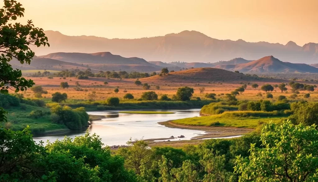 A serene landscape of Fosse aux Lions National Park unfolds before the viewer. In the foreground, a winding river meanders through lush, verdant foliage, its tranquil waters reflecting the vibrant greens of the surrounding vegetation. In the middle ground, rolling hills dotted with clusters of trees and shrubs create a sense of depth and dimension. Beyond, the background showcases the park's towering, rugged mountains, their peaks bathed in warm, golden sunlight that casts a soft, diffused glow over the entire scene. The overall atmosphere is one of peaceful tranquility, inviting the viewer to immerse themselves in the natural splendor of this stunning African landscape.