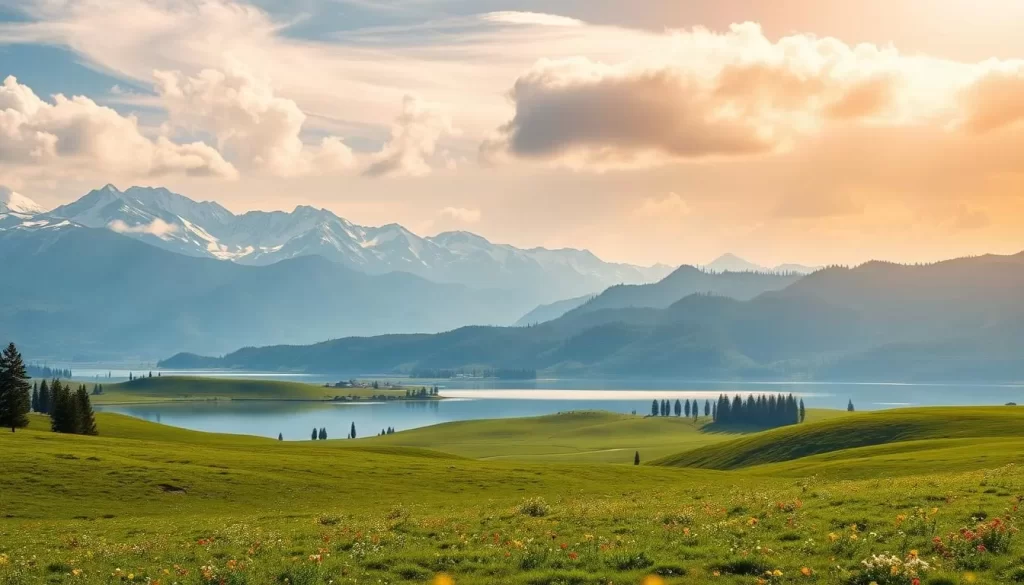 A serene landscape of Jammu and Kashmir's summer destinations, captured under a warm golden glow. In the foreground, a picturesque lake reflects the surrounding mountains, their peaks capped with pristine snow. Lush, verdant meadows sprawl across the middle ground, dotted with vibrant wildflowers. In the distance, majestic pine-covered hills rise up, creating a breathtaking panoramic view. The warm sunlight filters through wispy clouds, casting a soft, inviting ambiance over the entire scene. A tranquil and inviting summertime retreat, perfect for exploring the natural beauty of this captivating region.
