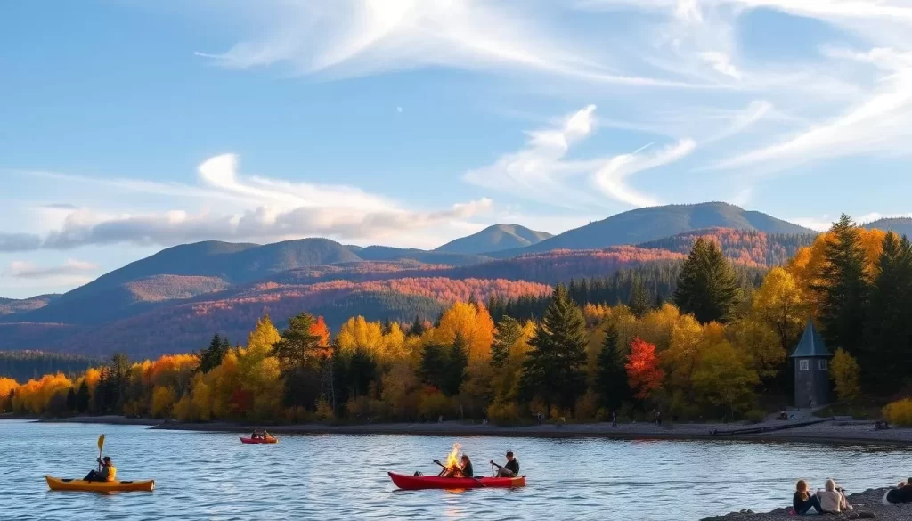 A serene landscape of Lake Superior during the autumn season. In the foreground, people enjoy various activities like kayaking, hiking along the shore, and gathering around a campfire. The middle ground features colorful foliage lining the banks, reflecting in the calm waters. In the background, majestic hills and forests create a picturesque backdrop, bathed in warm, golden sunlight filtering through wispy clouds. The overall scene conveys a sense of tranquility, outdoor adventure, and the beauty of nature during the transitional period between summer and winter.