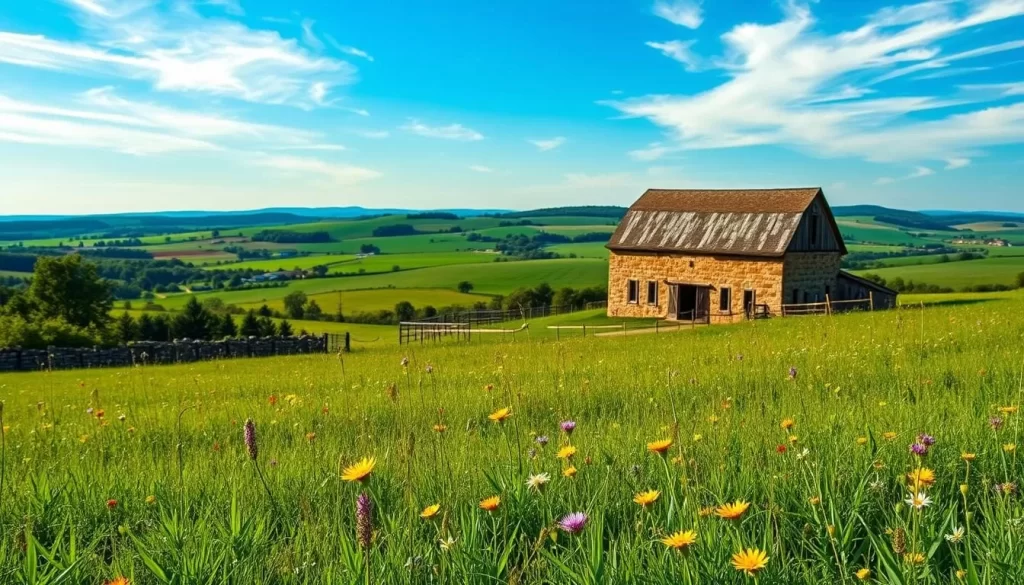 A serene landscape of Lancaster County, Pennsylvania, captured on a picturesque afternoon. In the foreground, a lush green meadow dotted with vibrant wildflowers sways gently in the breeze. In the middle ground, a historic stone barn stands proudly, its weathered facade a testament to the region's agrarian heritage. In the distance, rolling hills and farmlands stretch out, painted in verdant hues under the warm, golden sunlight filtering through wispy clouds. The scene exudes a sense of tranquility and invites the viewer to explore the many free outdoor activities this beautiful corner of the world has to offer.