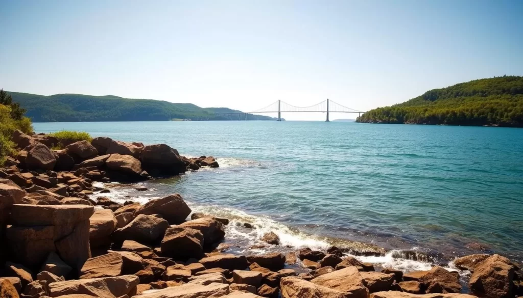A serene landscape of Little Traverse Bay in Petoskey, Michigan, on a bright and sunny day. The crystal-clear waters of the bay gently lap against the rocky shoreline, surrounded by lush, verdant hills and forests. In the distance, the iconic Mackinac Bridge can be seen spanning the horizon, casting a majestic silhouette. The scene is bathed in warm, golden sunlight, creating a picturesque and inviting atmosphere. The image is captured through a wide-angle lens, showcasing the breathtaking natural beauty of this charming coastal town.