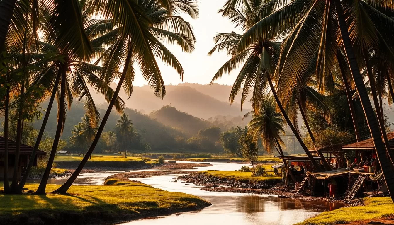 A serene landscape of Pai, Thailand, with lush, verdant hills dotting the horizon. In the foreground, a meandering river flows gently, its calm waters reflecting the surrounding natural beauty. Tall, swaying palm trees frame the scene, casting gentle shadows across the tranquil setting. Warm, golden sunlight filters through the leaves, creating a soft, inviting ambiance. Amidst the tranquility, local vendors offer their wares, their vibrant stalls adding a touch of cultural charm to the scene. The atmosphere is one of relaxation and immersion in the beauty of the Thai countryside.