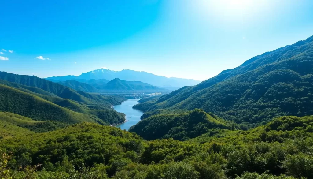 A serene landscape of Pingtung County, Taiwan, under a bright, sun-dappled sky. Rolling hills blanketed in lush, verdant vegetation unfold in the foreground, leading the eye towards a towering mountain range in the distance, their peaks capped with a dusting of snow. In the middle ground, a winding river cuts through the landscape, its reflective surface mirroring the surrounding foliage. The scene exudes a sense of tranquility and natural harmony, inviting the viewer to immerse themselves in the beauty of Taiwan's southern paradise.