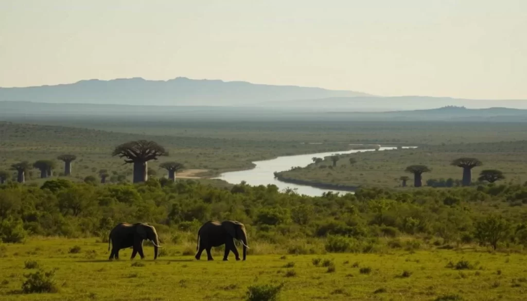 A serene landscape of Saadani National Park in Tanzania, where the verdant savanna meets the azure Indian Ocean. In the foreground, a herd of elephants gently grazes, their massive frames silhouetted against the warm afternoon sun. In the middleground, a winding river cuts through the lush vegetation, its banks dotted with towering baobab trees. In the distance, the horizon is framed by rolling hills and a cloudless sky, creating a breathtaking vista. The scene is bathed in a soft, golden light, conveying a sense of tranquility and wonder. This is a landscape where the wild and the serene coexist in perfect harmony.